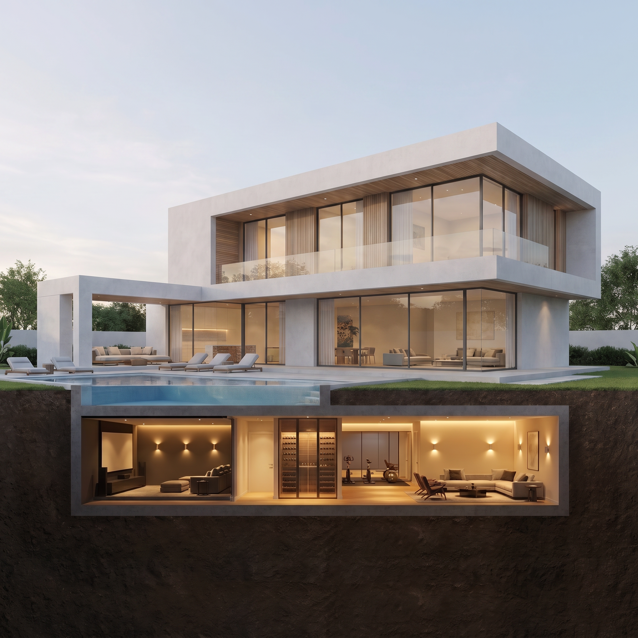 Modern luxury villa above an illuminated basement level containing a cinema, wine cellar, gym and lounge