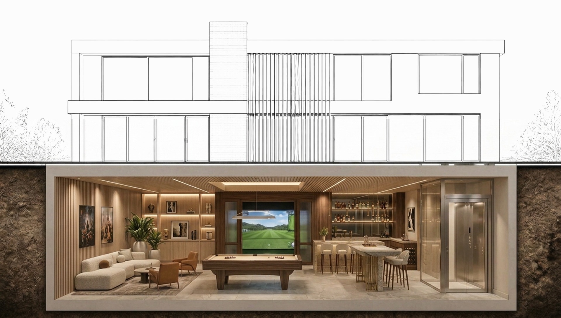 Games Room — architectural cross-section beneath a modern Melbourne home