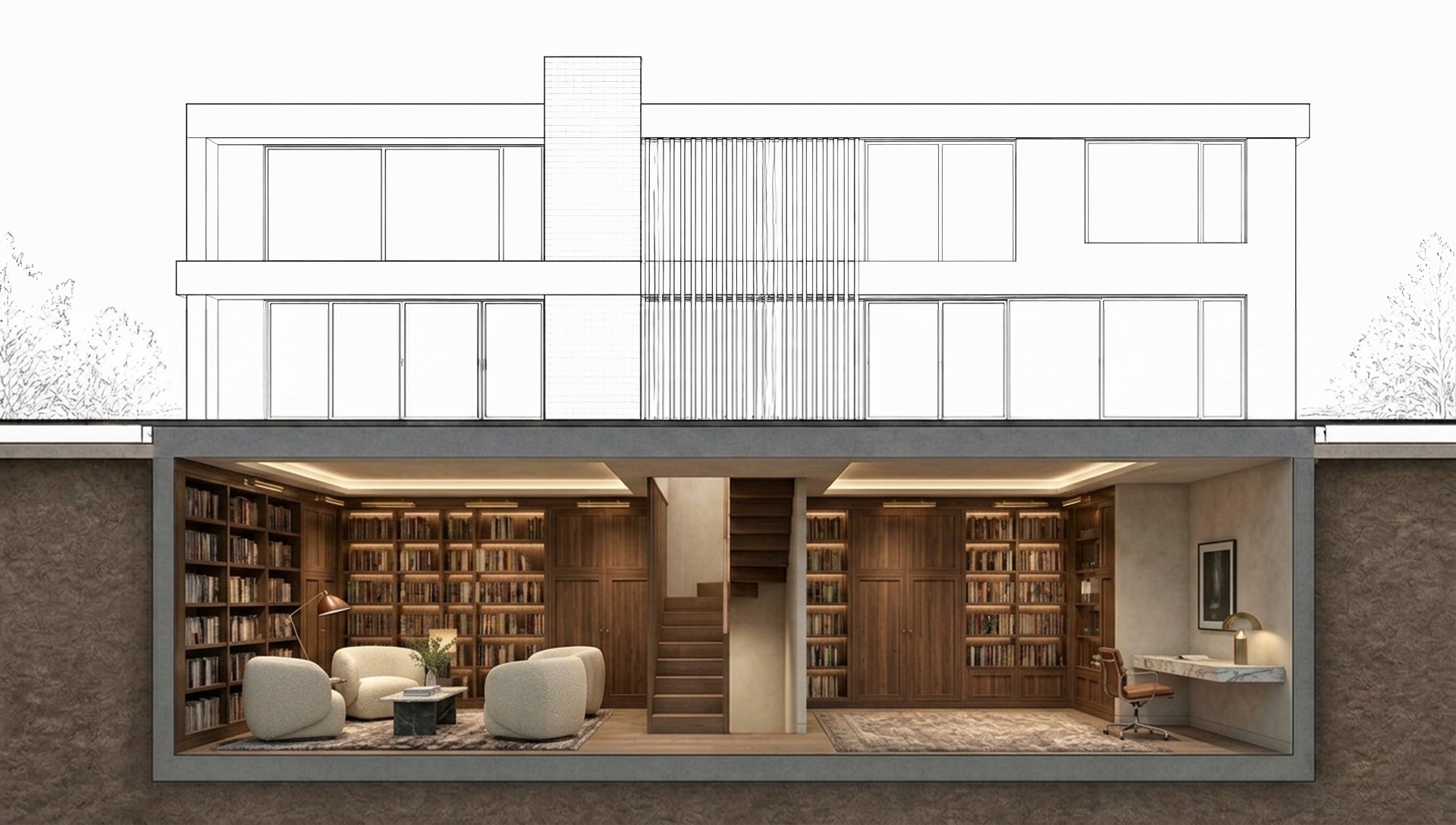 Library & Study — architectural cross-section beneath a modern Melbourne home