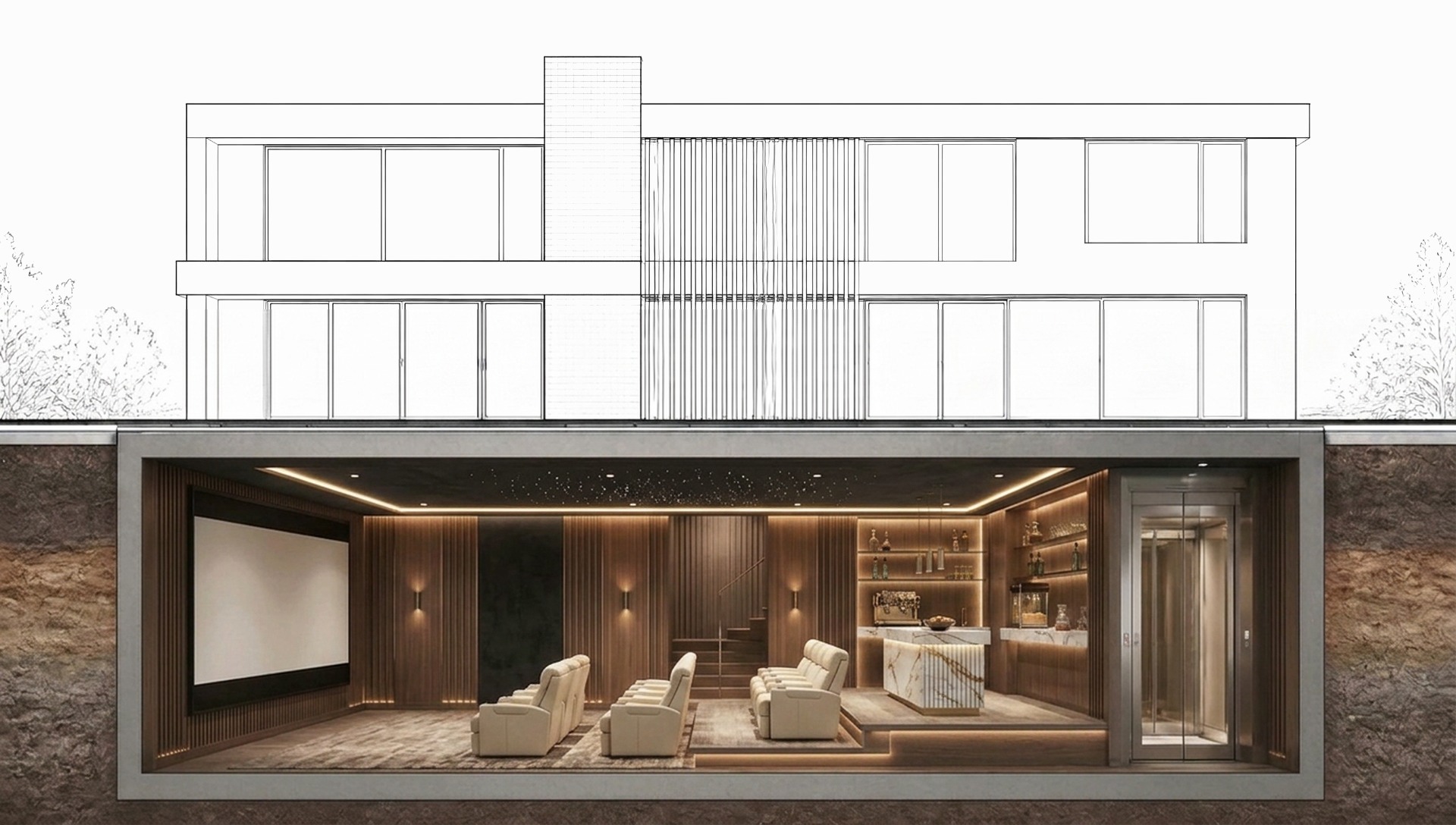 Home Theatre — architectural cross-section beneath a modern Melbourne home